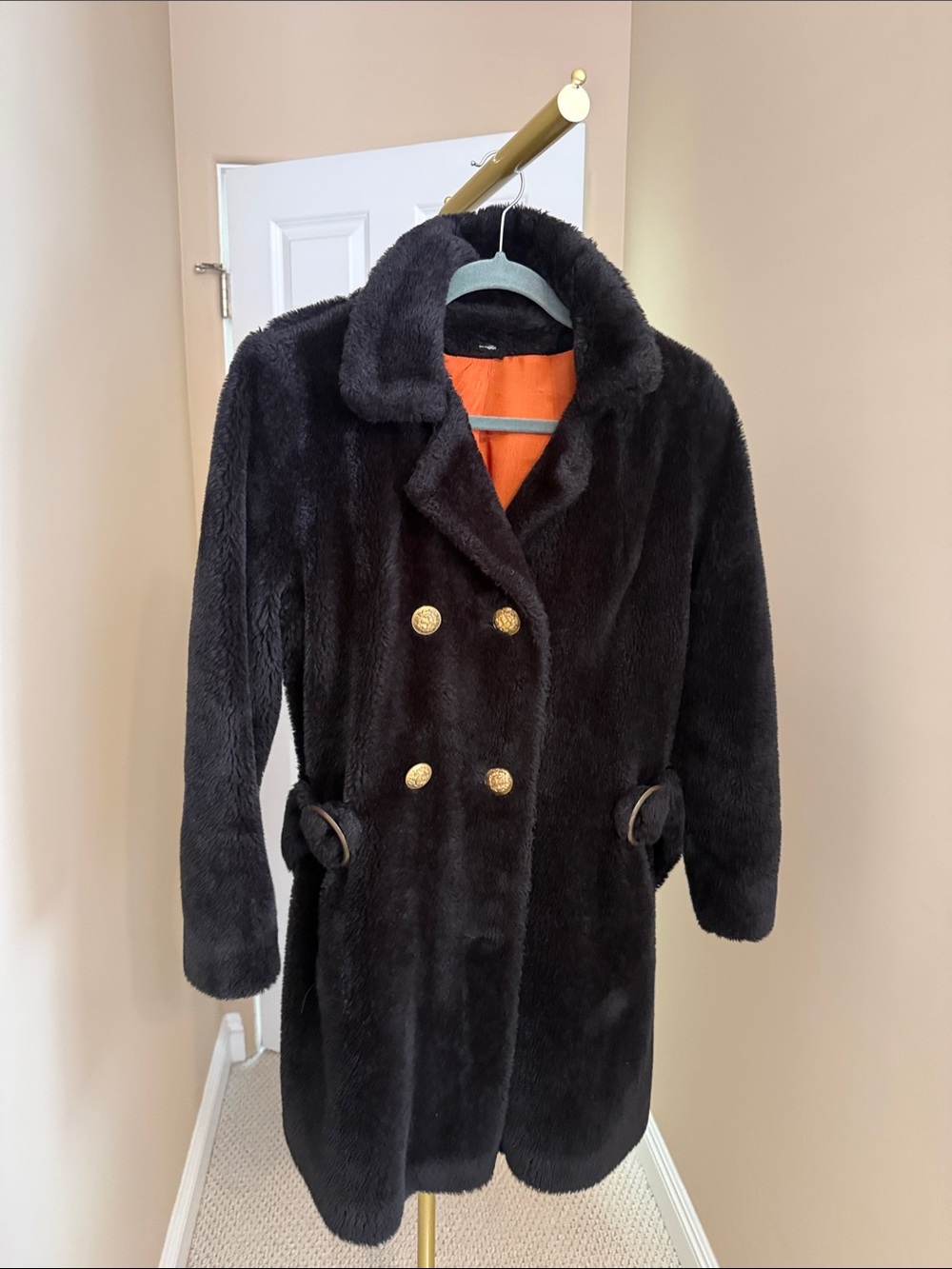 Vintage Black Faux Fur Double-Breasted Coat with Gold Buttons